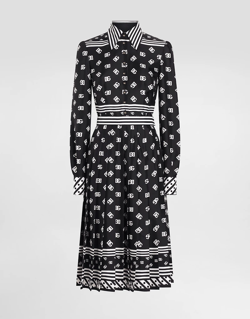 Twill calf-length shirt dress with all-over DG logo scarf print