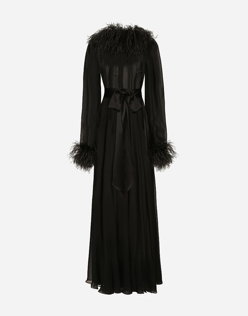 Long silk chiffon dress with ostrich feather details