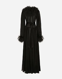 Long silk chiffon dress with ostrich feather details