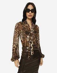 Leopard-print chiffon pussy-bow shirt