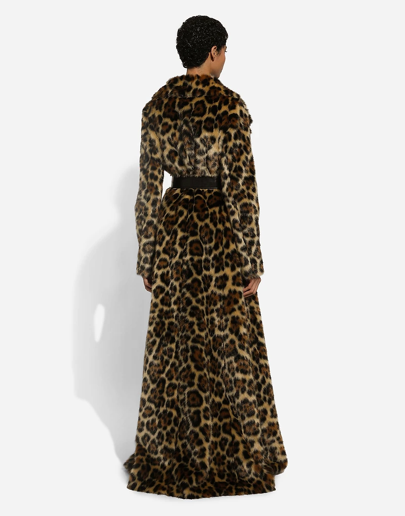 Long leopard-print faux fur coat
