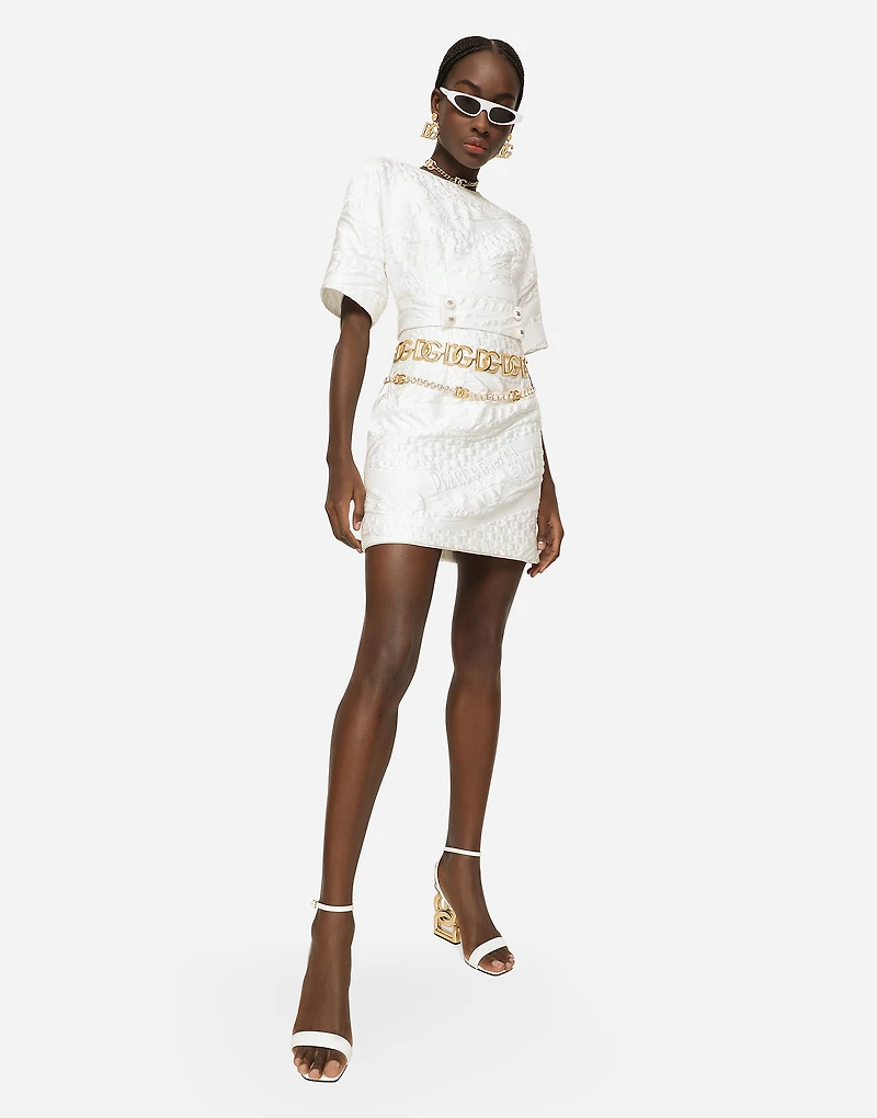 Short brocade dress with belt
