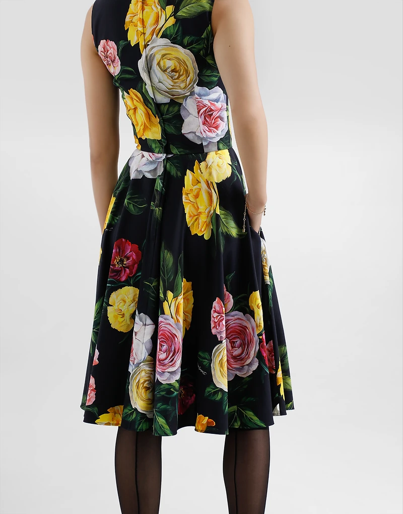 Peony and rose-print cady calf-length dress with circle skirt