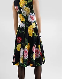 Peony and rose-print cady calf-length dress with circle skirt