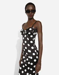 Satin midi dress with polka-dot print and corset details