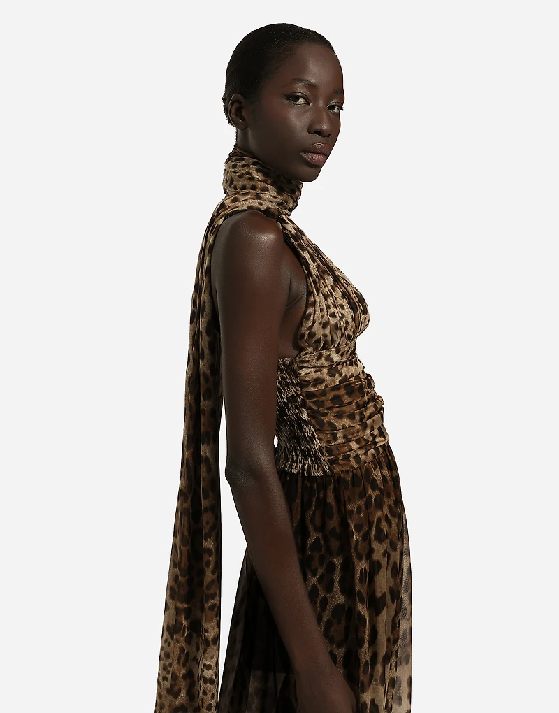 Long leopard-print chiffon dress