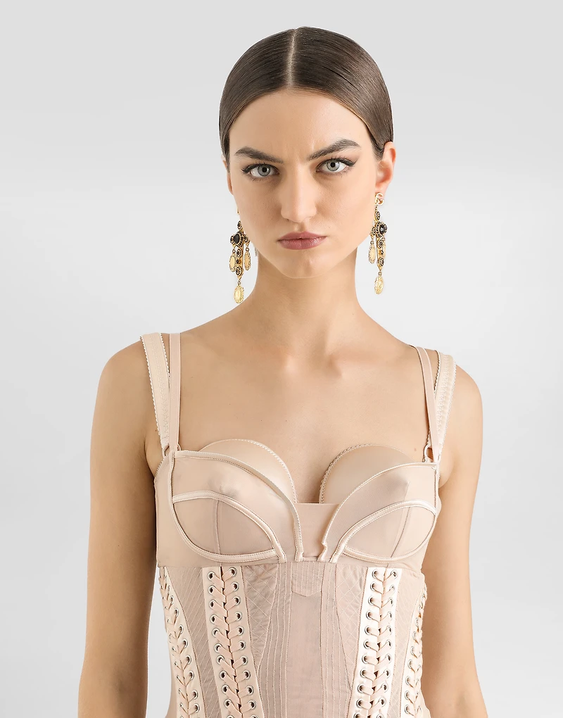 Light tulle calf-length slip dress with corset details