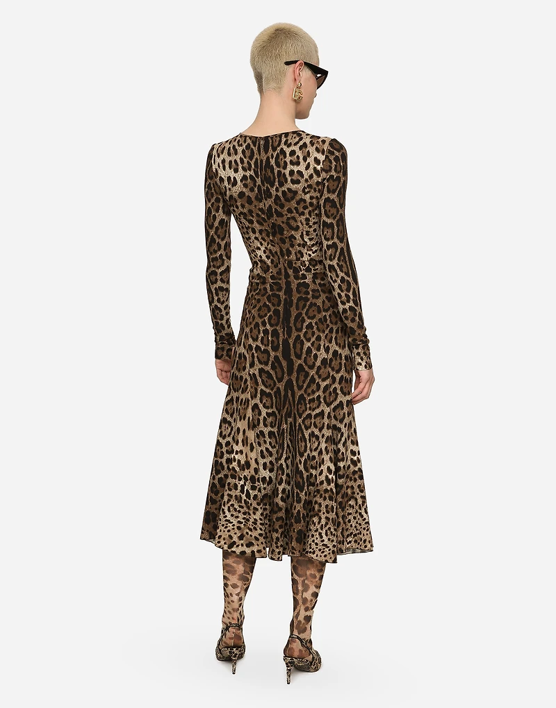 Leopard-print calf-length cady dress