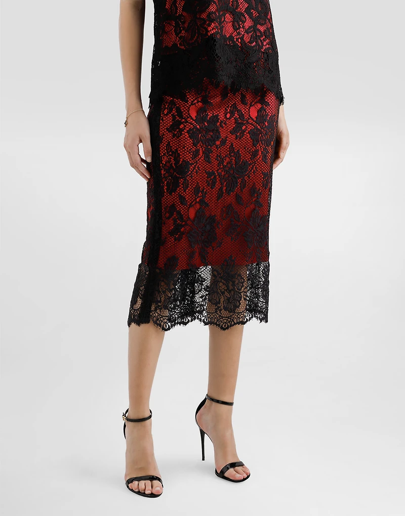 Lace calf-length pencil skirt with contrasting lining