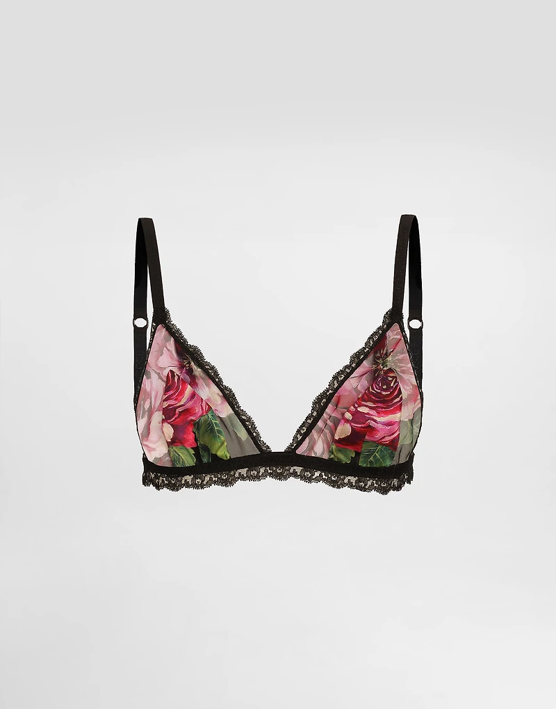 Rose-print satin and tulle triangle bra