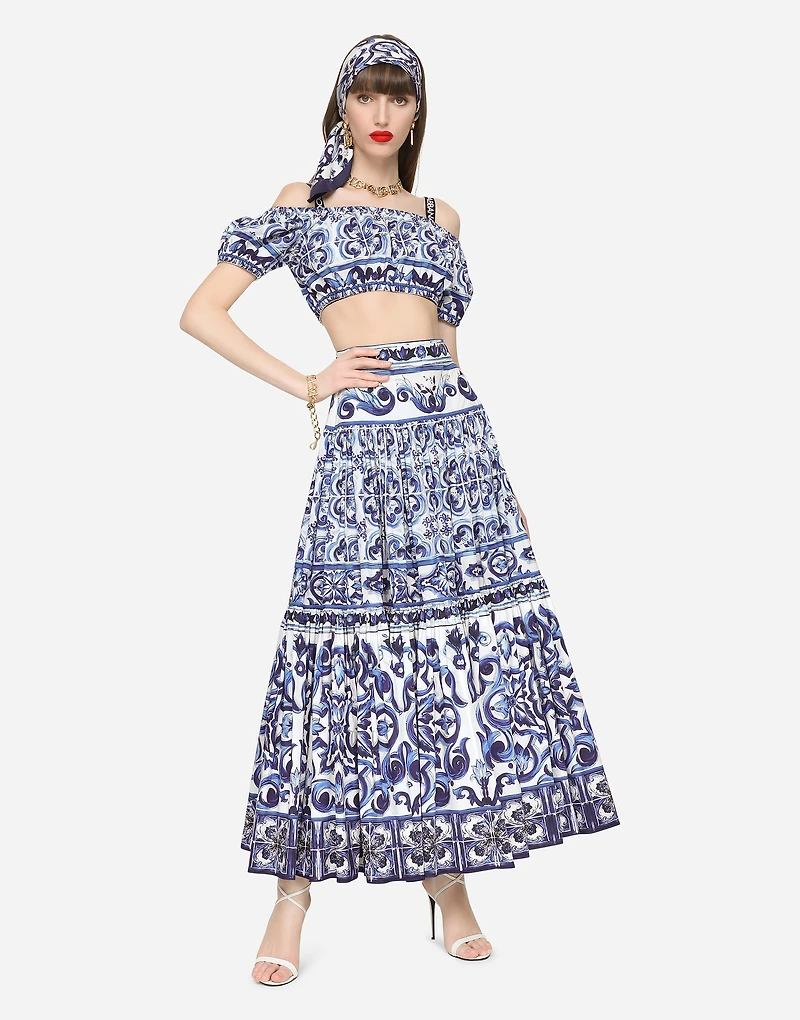Long majolica-print poplin skirt