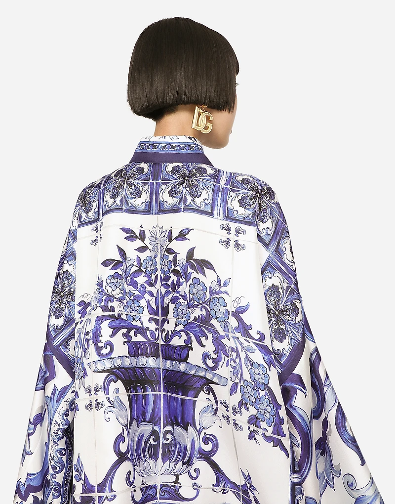 Majolica-print twill shirt with slits