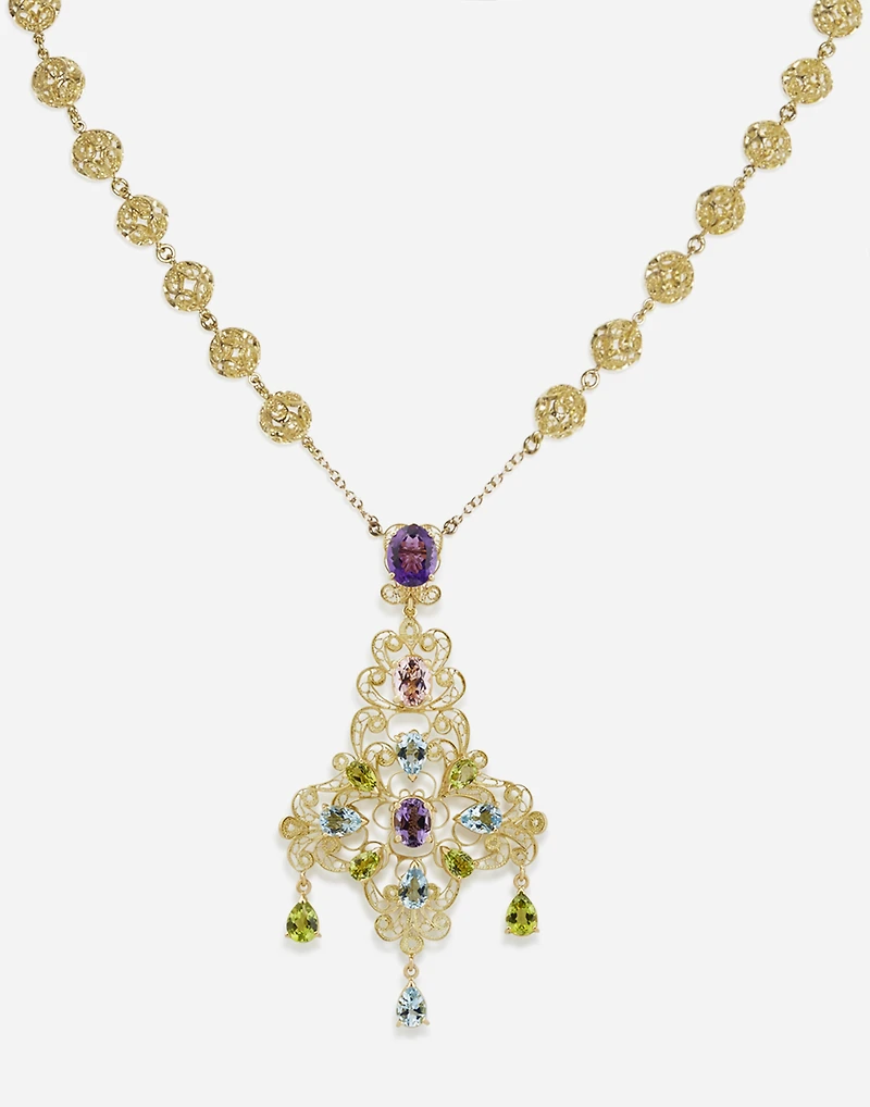 Filigree Necklace 18-carat yellow gold and multicolored gems
