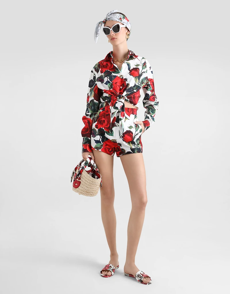 Cropped cotton pussy-bow shirt with rose print