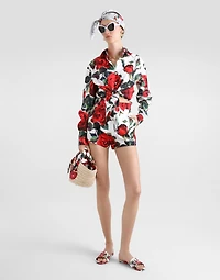 Cropped cotton pussy-bow shirt with rose print