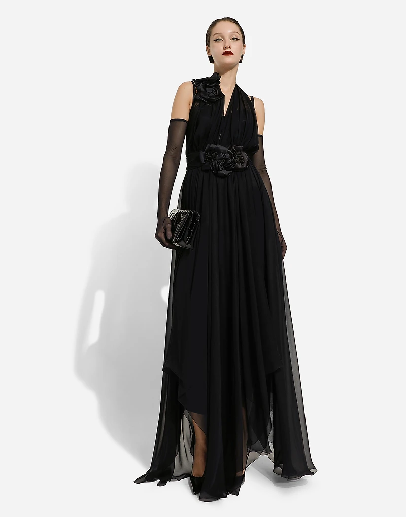 Long silk chiffon dress with floral appliqué