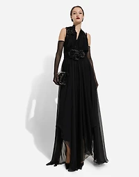 Long silk chiffon dress with floral appliqué