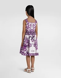 Majolica-print sleeveless popeline dress