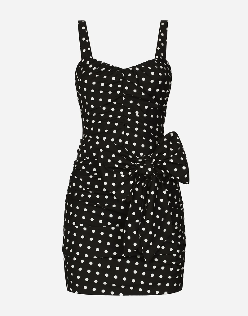 Cotton minidress with polka-dot print and bow detail