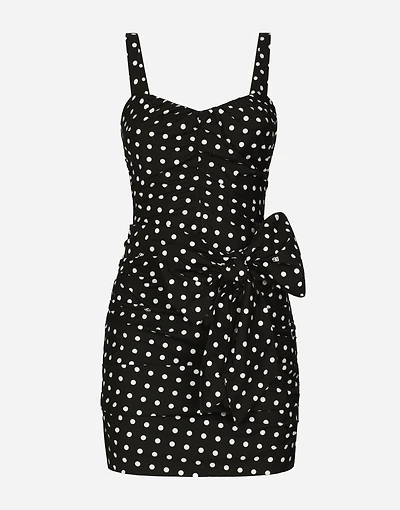 Cotton minidress with polka-dot print and bow detail