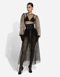 Calf-length mesh dress with wool crepe belt