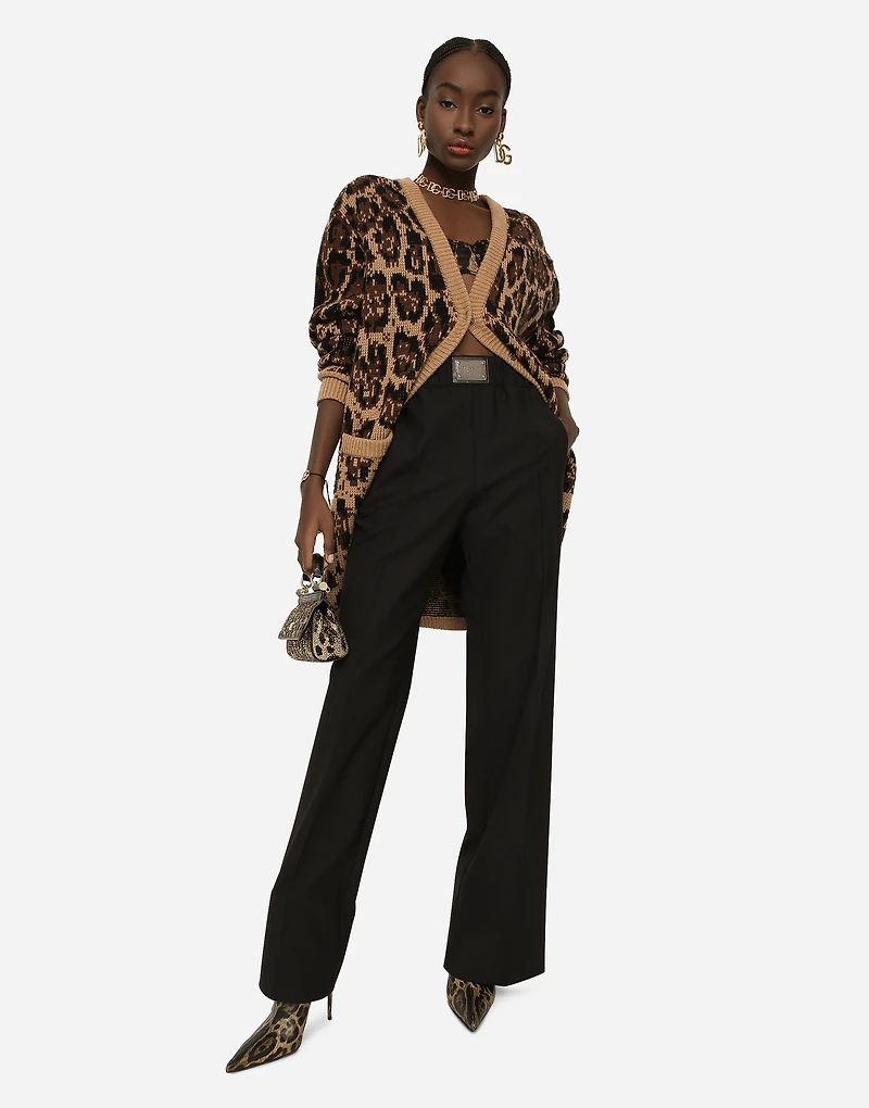 Long wool and cashmere cardigan with jacquard leopard design