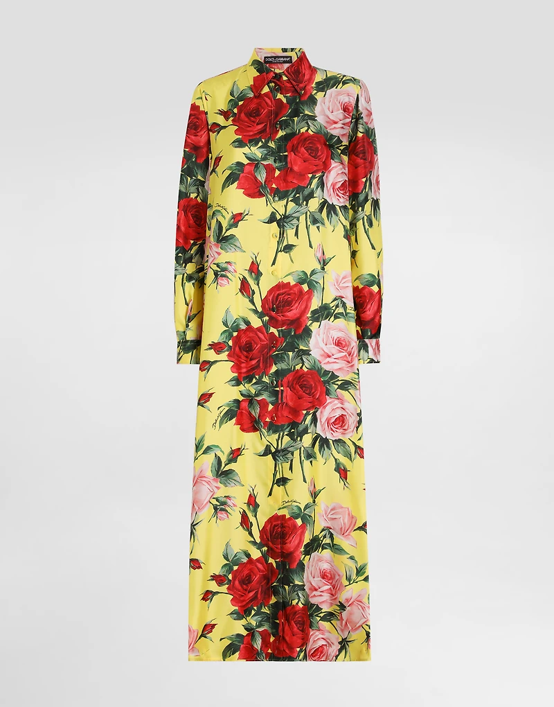 Long silk satin caftan with bouquet print