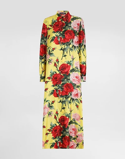 Long silk satin caftan with bouquet print