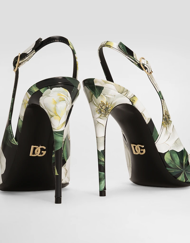 Printed polished calfskin slingbacks