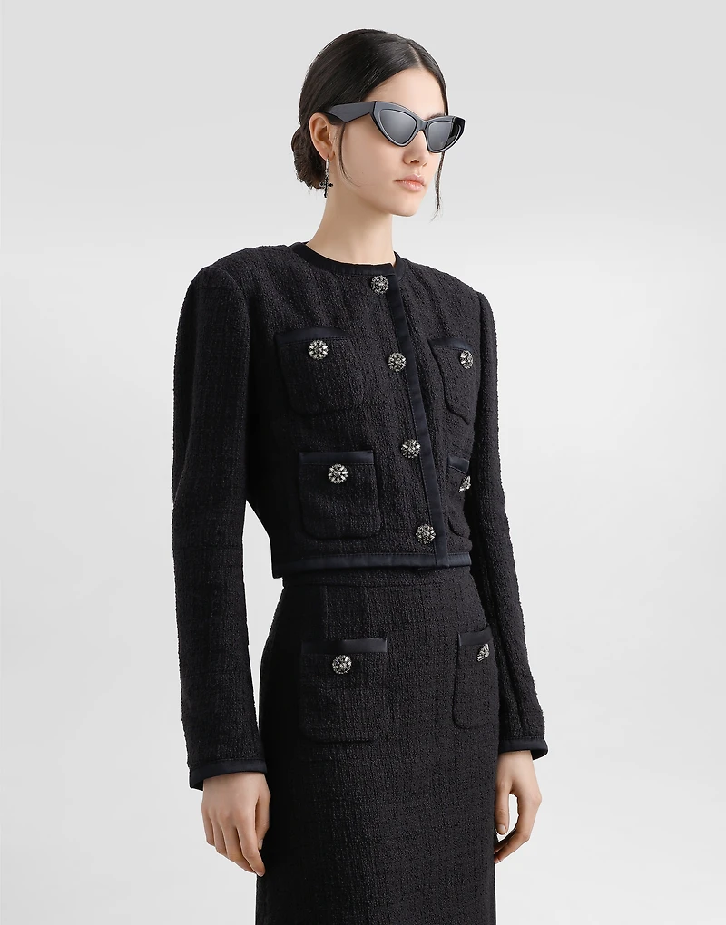 Cropped single-breasted raschel tweed jacket with bejeweled buttons