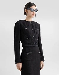 Cropped single-breasted raschel tweed jacket with bejeweled buttons