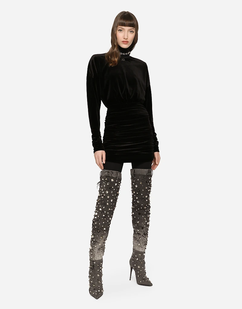 Short draped velvet dress with DG logo