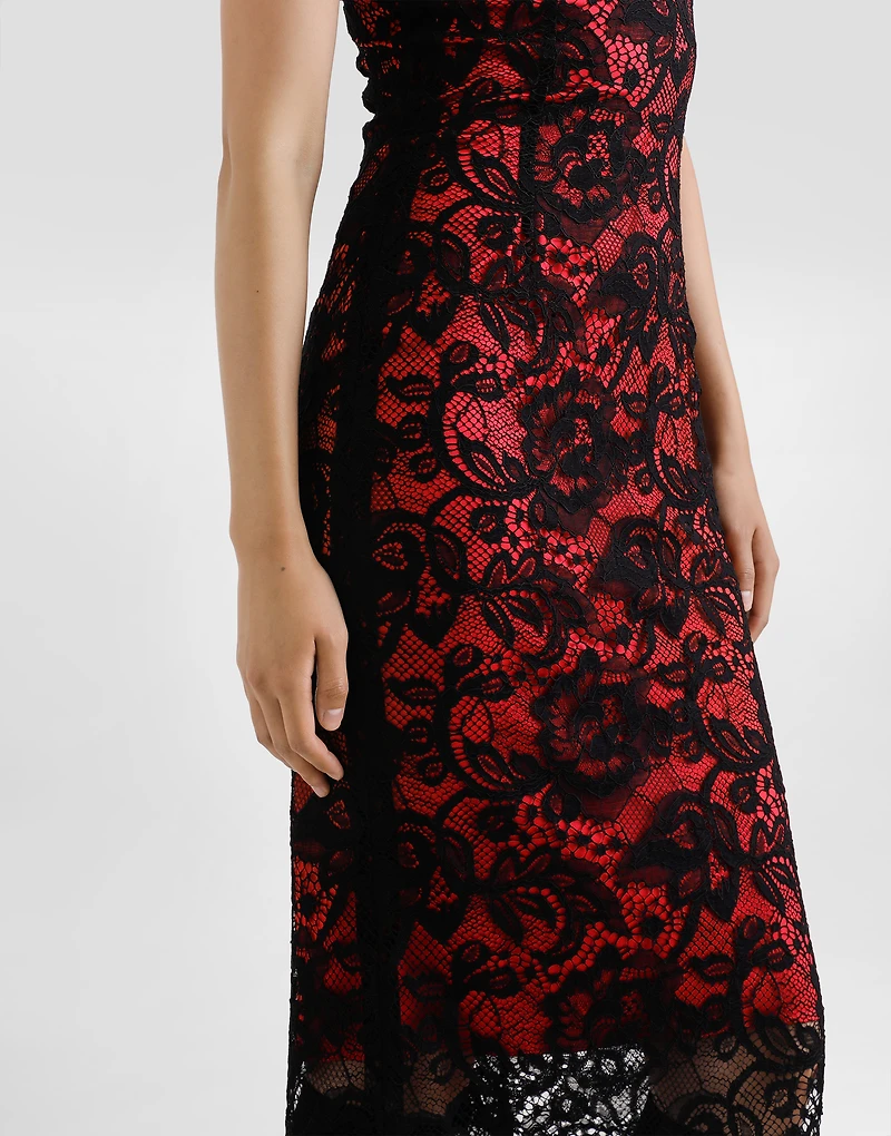 Calf-length floral lace sheath dress with contrasting lining