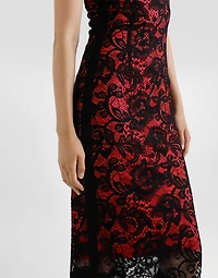 Calf-length floral lace sheath dress with contrasting lining