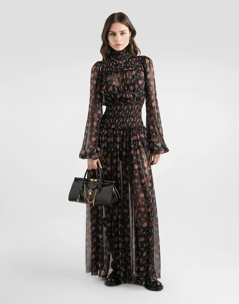 Floral-print long chiffon dress
