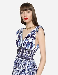 Long majolica-print poplin dress