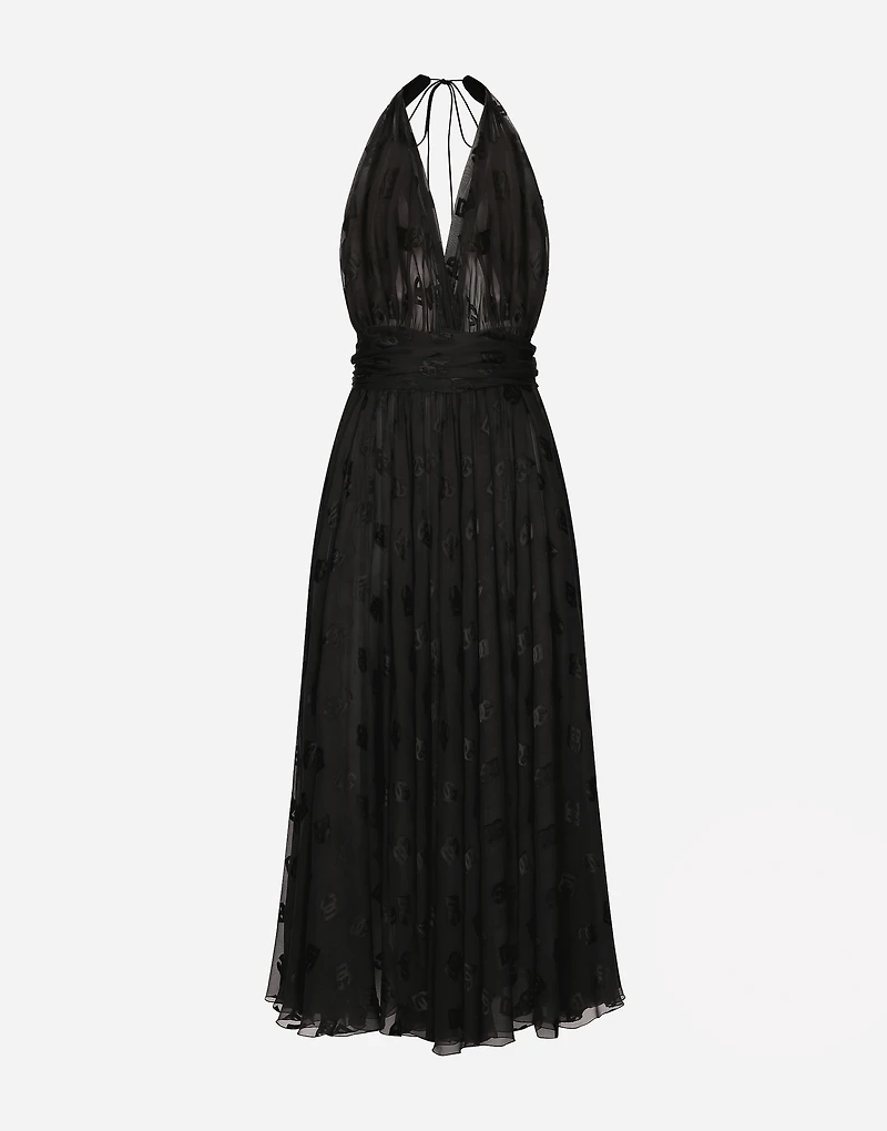 Dévoré satin calf-length dress with all-over DG logo