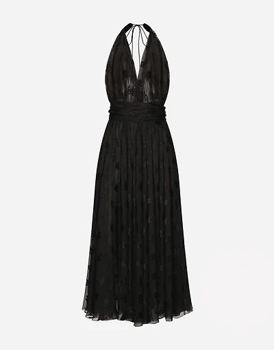Dévoré satin calf-length dress with all-over DG logo