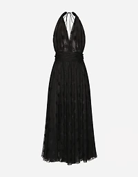 Dévoré satin calf-length dress with all-over DG logo