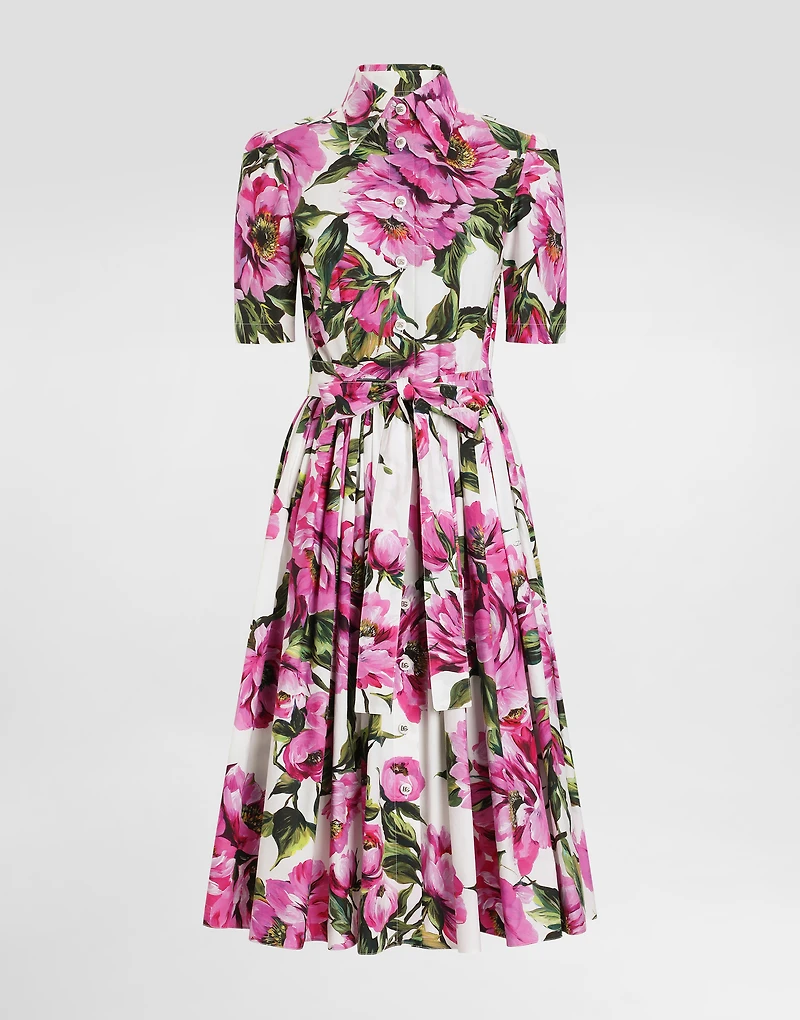 Cotton calf-length shirt dress with peony print