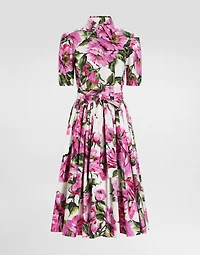 Cotton calf-length shirt dress with peony print