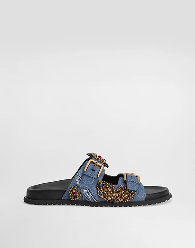 Flat denim slippers with embroidery