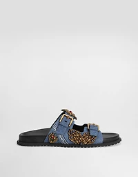 Flat denim slippers with embroidery