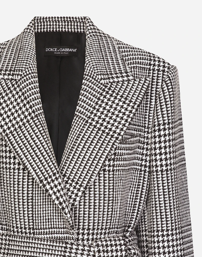 Single-breasted houndstooth check coat with belt