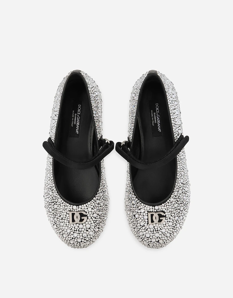 Satin ballet flats with fusible rhinestones