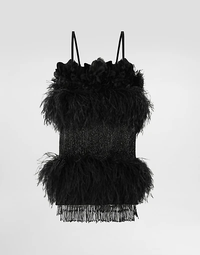 Satin dress with feathers
