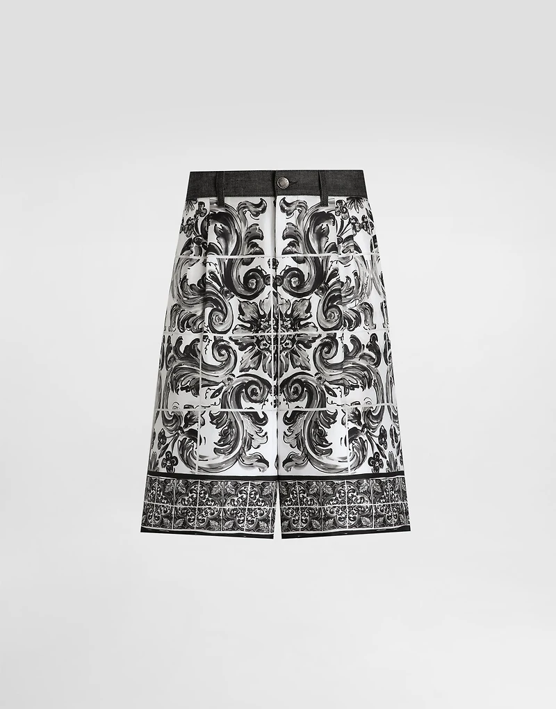 Maiolica-printed denim bermuda shorts