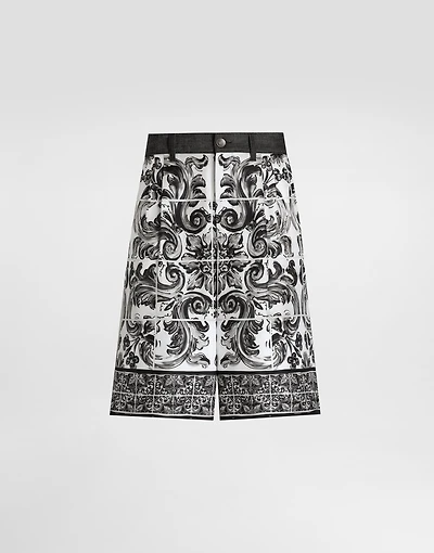 Maiolica-printed denim bermuda shorts