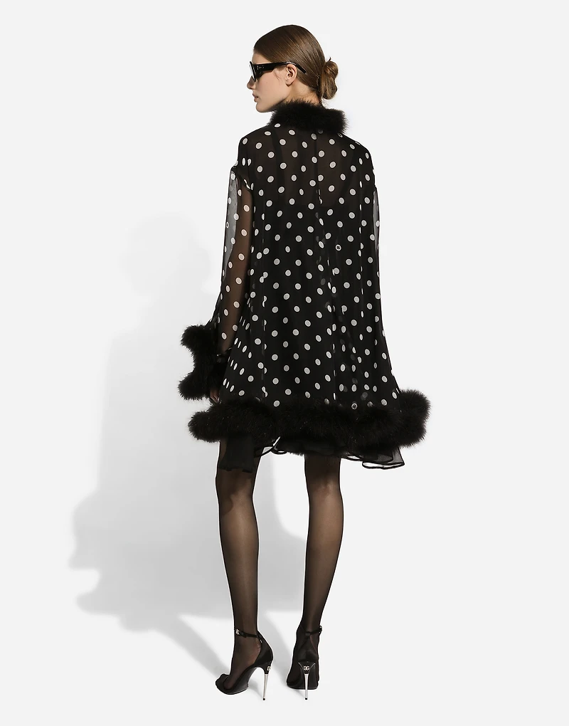 Chiffon cape with polka-dot print and marabou trim