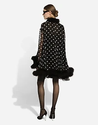 Chiffon cape with polka-dot print and marabou trim